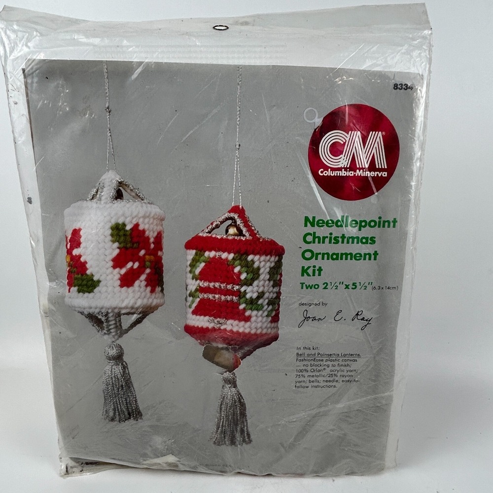 Columbia Minerva Needlepoint Christmas Ornament Kit Bell Poinsettia Lanterns VTG
